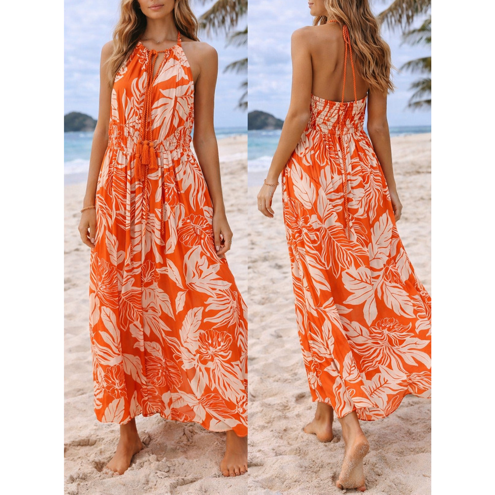 Shop One Tropical Maxi Dress Orange Rayon Halter Boho Resort Beach Women L